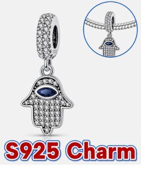 S925 Sterling Silver Blue Evil Eye Hamsa Hand CZ Charm Bracelet Necklace Pendant